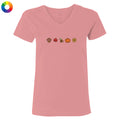 A pink women's V-neck t-shirt with a horizontal line of autumn-themed icons (a paw print, a maple leaf, a squirrel, a pumpkin, and a sunflower) printed across the chest. The t-shirt is displayed on a clean white background, with a small multicolor color wheel icon in the top-left corner.