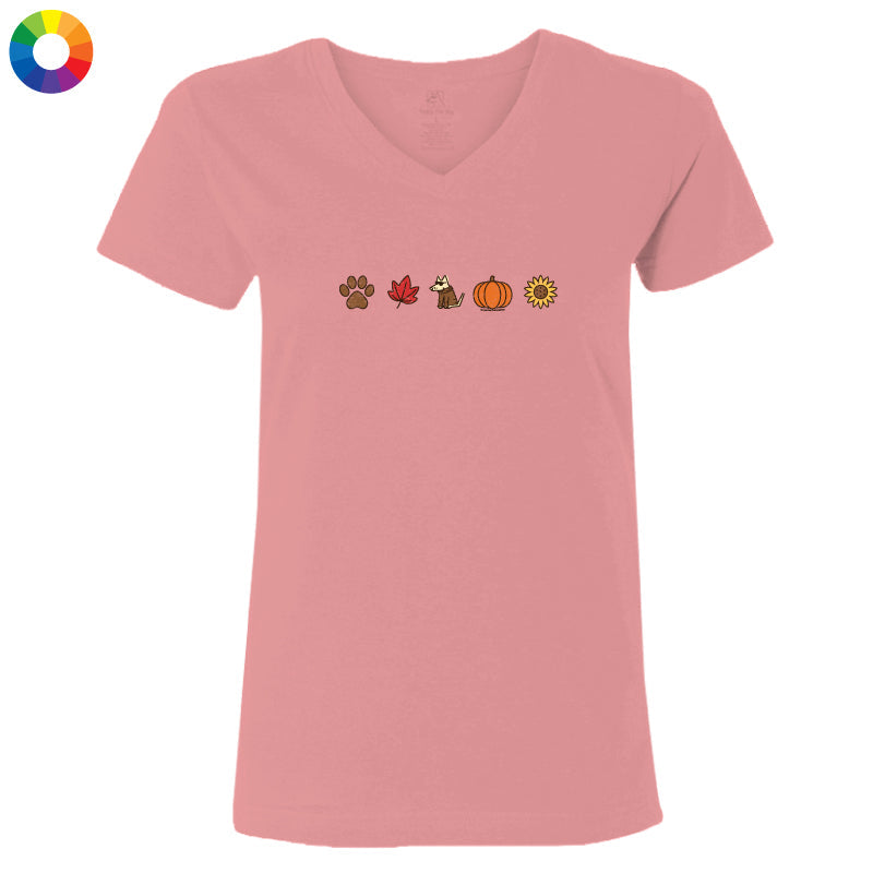 A pink women's V-neck t-shirt with a horizontal line of autumn-themed icons (a paw print, a maple leaf, a squirrel, a pumpkin, and a sunflower) printed across the chest. The t-shirt is displayed on a clean white background, with a small multicolor color wheel icon in the top-left corner.