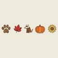 A horizontal row of five autumn-themed illustrations on a light beige background: a brown paw print, a red maple leaf, a small dog in a brown coat wearing a hat, an orange pumpkin, and a yellow sunflower.
