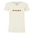 An off-white heathered V-neck t-shirt featuring a horizontal row of five small autumn-themed icons (a paw print, a maple leaf, a dog, a pumpkin, and a sun) printed across the chest.
