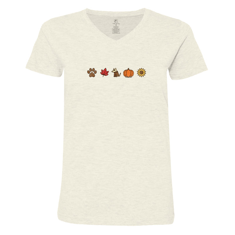 An off-white heathered V-neck t-shirt featuring a horizontal row of five small autumn-themed icons (a paw print, a maple leaf, a dog, a pumpkin, and a sun) printed across the chest.