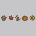 Five autumn-themed embroidered patch designs arranged in a row on a solid gray background: a brown paw print, a red maple leaf, a brown and cream dog wearing a coat, an orange pumpkin, and a yellow sunflower.