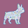 Silhouette of a dog with a Paris-themed pattern on a purple background