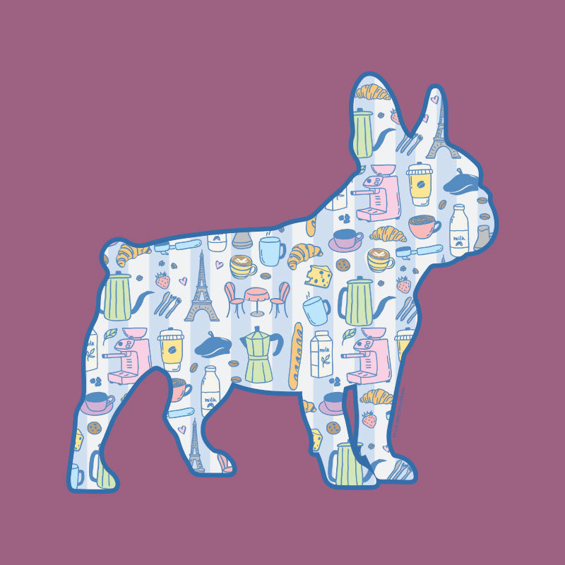 Silhouette of a dog with a Paris-themed pattern on a purple background