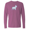 Purple long-sleeve shirt with a colorful dog illustration on a white background