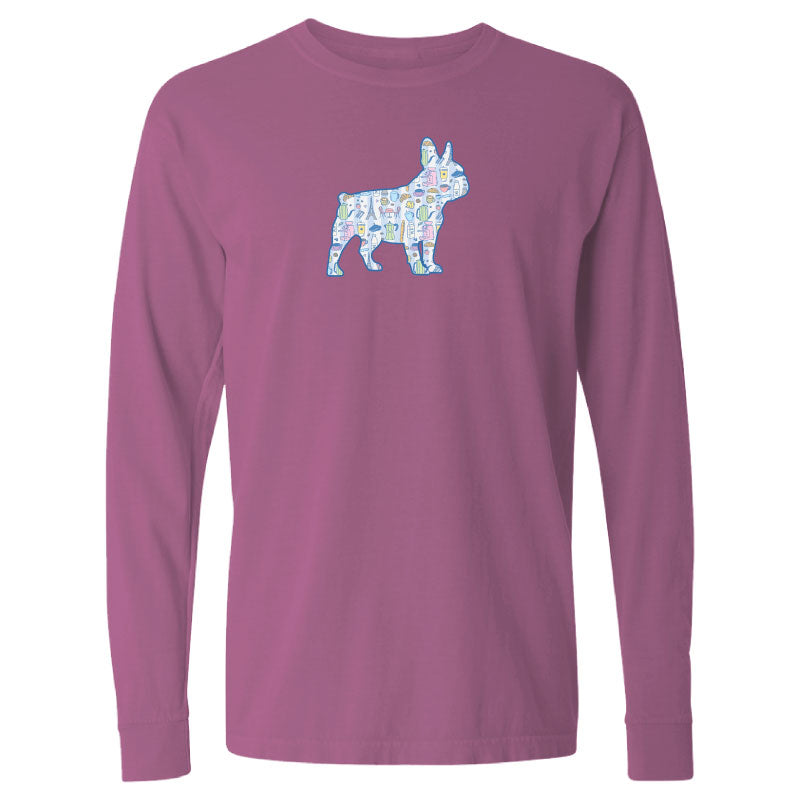 Purple long-sleeve shirt with a colorful dog illustration on a white background