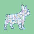 Illustration of a dog silhouette with Paris-themed icons on a green background