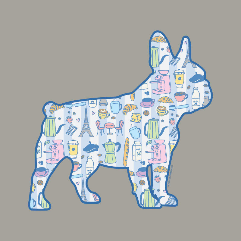 Silhouette of a dog with a Paris-themed pattern on a gray background