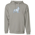 Gray hoodie with a colorful dog silhouette design on a white background