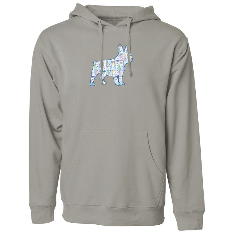 Gray hoodie with a colorful dog silhouette design on a white background