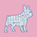 Illustration of a dog silhouette with Paris-themed icons on a pink background
