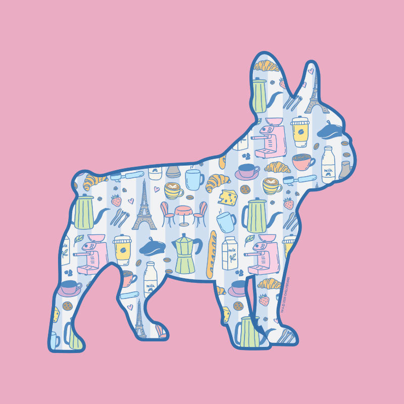 Illustration of a dog silhouette with Paris-themed icons on a pink background