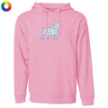 Pink hoodie with a colorful dog design on a white background