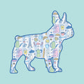 Illustration of a dog silhouette with Paris-themed icons on a light blue background