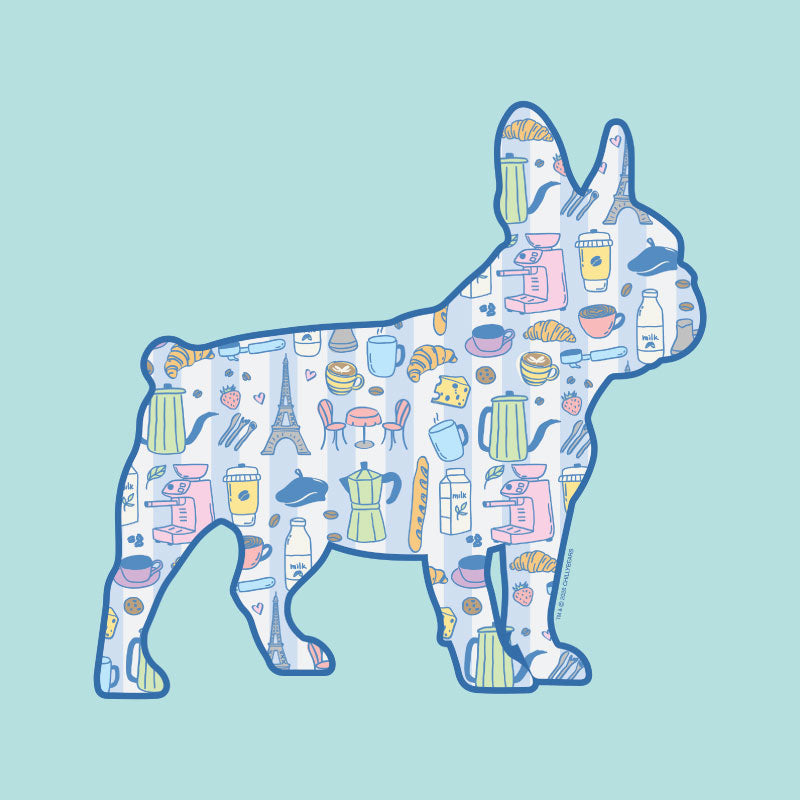 Illustration of a dog silhouette with Paris-themed icons on a light blue background