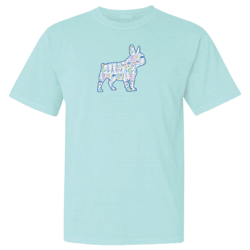Light blue t-shirt with a colorful bulldog graphic on a white background