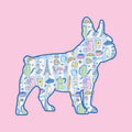 Illustration of a dog silhouette with Paris-themed icons on a pink background