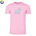 Pink t-shirt with a colorful bulldog graphic on a white background