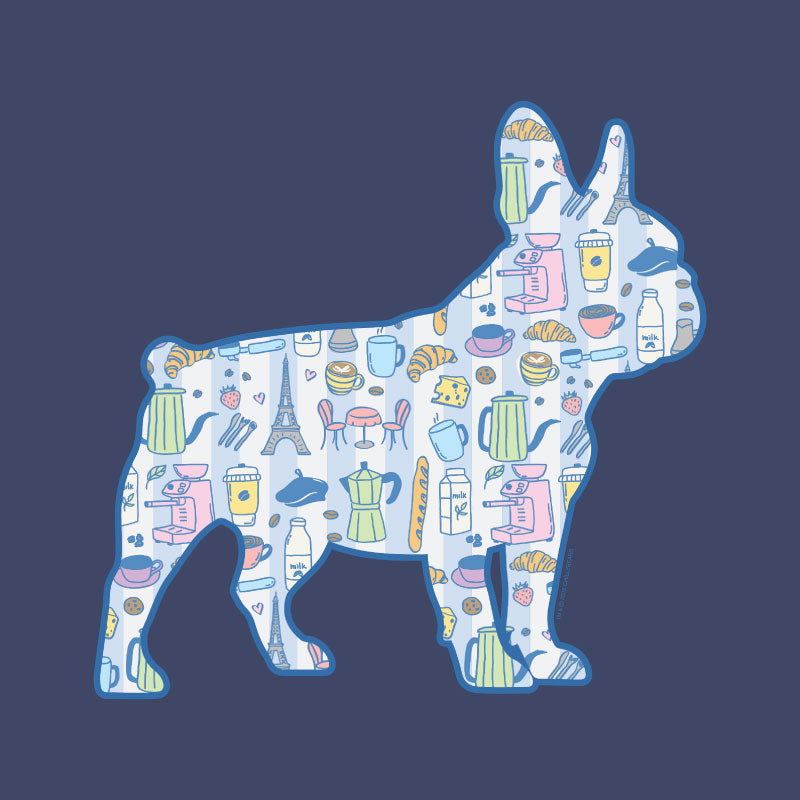 Silhouette of a dog with Paris-themed icons on a dark blue background