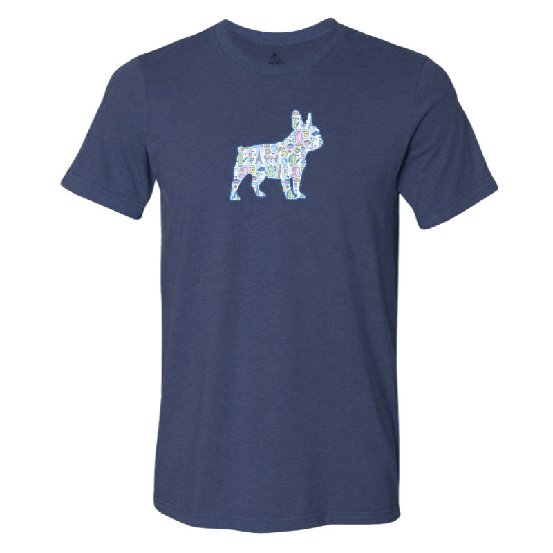 Navy blue t-shirt with a colorful dog graphic on a white background