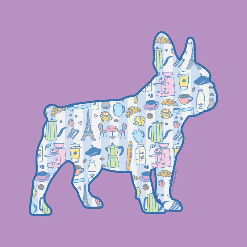 Silhouette of a dog with Paris-themed illustrations on a purple background