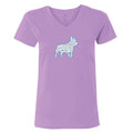 Purple t-shirt with a colorful dog graphic on a white background