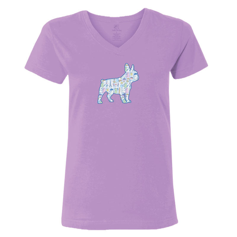 Purple t-shirt with a colorful dog graphic on a white background