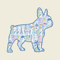 Illustration of a dog silhouette filled with Paris-themed icons on a beige background