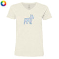 Beige t-shirt with a colorful dog illustration on a white background