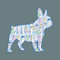 Silhouette of a dog with a pattern of coffee-themed illustrations on a dark blue background