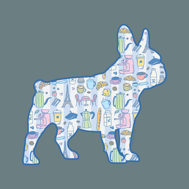 Silhouette of a dog with a pattern of coffee-themed illustrations on a dark blue background