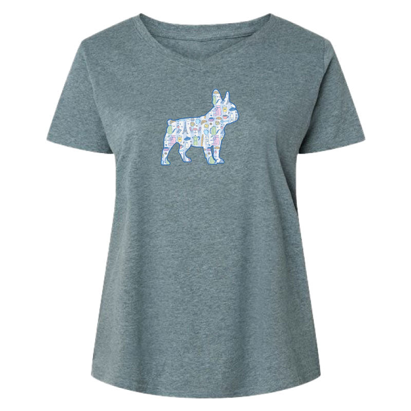Gray t-shirt with a colorful dog silhouette on a white background