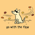 A stylized illustration of a cream-colored dog wearing black sunglasses, sitting on a warm peach background with scattered autumn leaves and the text 'go with the flow' below. Small copyright text at the bottom right reads 'TBA & DDEG GALLERIES'.