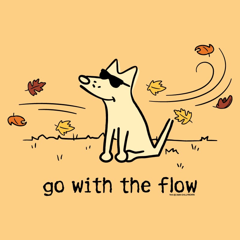 A stylized illustration of a cream-colored dog wearing black sunglasses, sitting on a warm peach background with scattered autumn leaves and the text 'go with the flow' below. Small copyright text at the bottom right reads 'TBA & DDEG GALLERIES'.