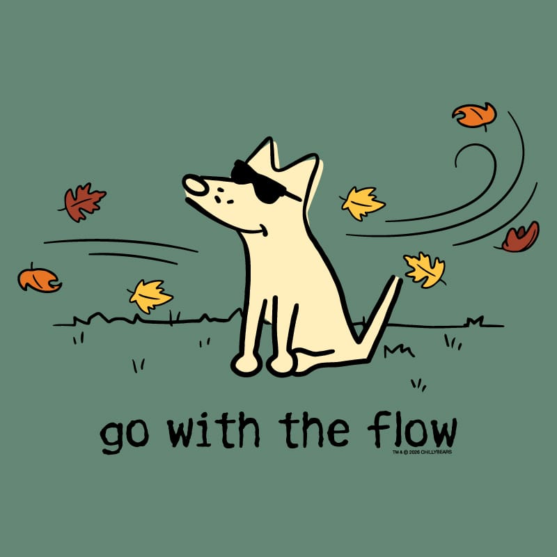 A stylized illustration of a cream-colored dog wearing black sunglasses, sitting on a muted green background with scattered orange and yellow autumn leaves and the text 'go with the flow' below.