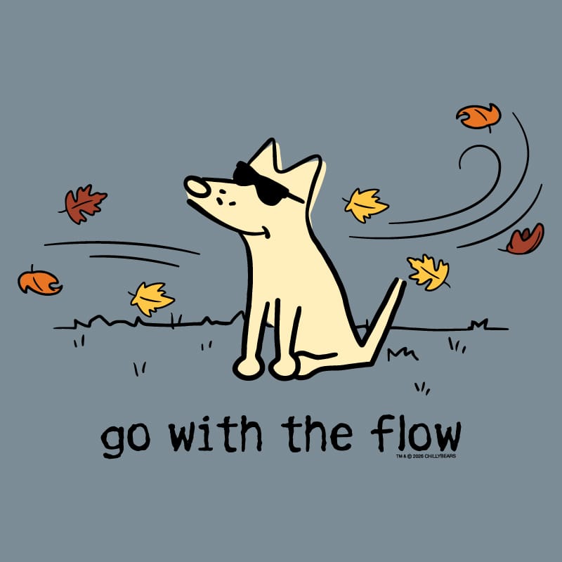 A stylized illustration of a cream-colored dog wearing black sunglasses, sitting on a blue-gray background with floating orange and yellow autumn leaves and the text 'go with the flow' below.