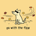 A minimalist line-art illustration of a light cream dog wearing black sunglasses, sitting on a pale yellow background with scattered autumn leaves and the text 'go with the flow' below. Small copyright text at the bottom right reads 'YI & DEE GULLIVERANS'.