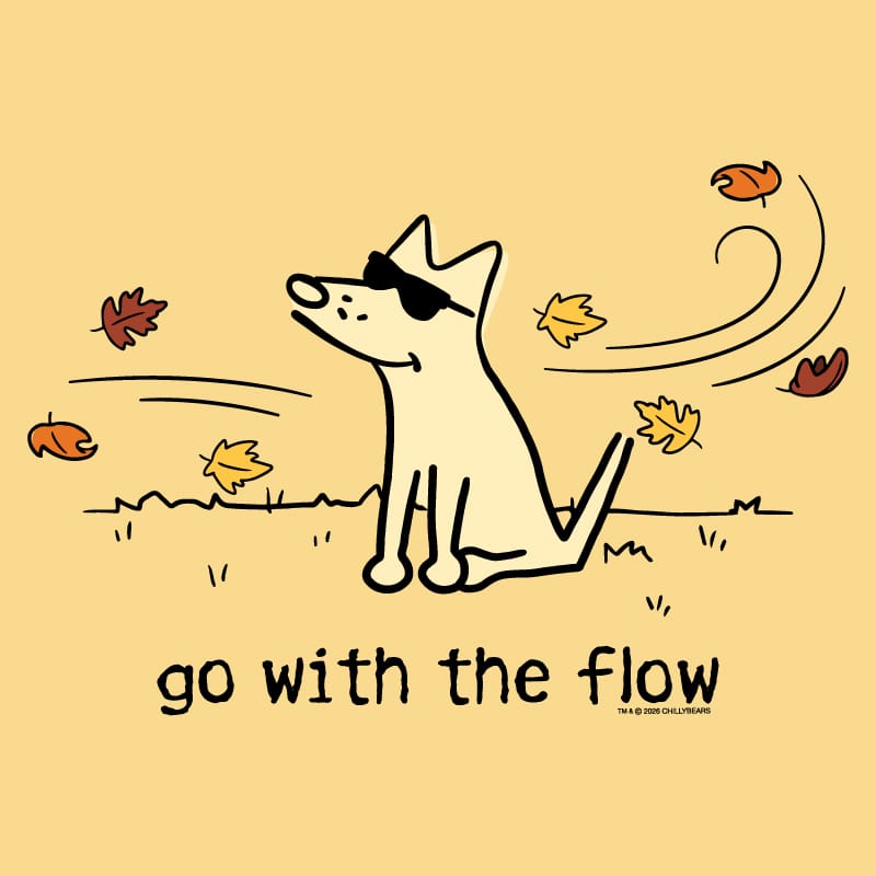 A minimalist line-art illustration of a light cream dog wearing black sunglasses, sitting on a pale yellow background with scattered autumn leaves and the text 'go with the flow' below. Small copyright text at the bottom right reads 'YI & DEE GULLIVERANS'.