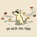 A minimalist line-art illustration of a light cream dog wearing black sunglasses, sitting on a beige background with scattered autumn leaves and the text 'go with the flow' below.
