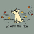 A stylized illustration of a cream-colored dog wearing black sunglasses, sitting on a muted gray-green background with scattered autumn leaves and the text 'go with the flow' below.