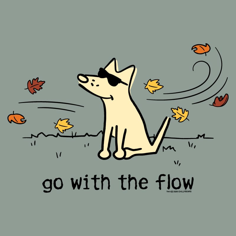 A stylized illustration of a cream-colored dog wearing black sunglasses, sitting on a muted gray-green background with scattered autumn leaves and the text 'go with the flow' below.