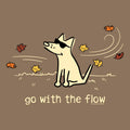 A brown square graphic with a cartoon dog wearing black sunglasses, surrounded by falling autumn leaves and the text 'go with the flow'.