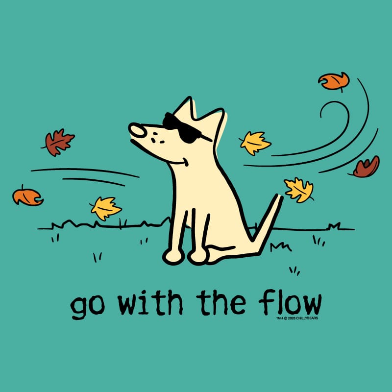A stylized illustration of a cream-colored dog wearing black sunglasses, sitting on a teal background with falling autumn leaves and the text 'go with the flow' below.