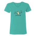 A women's short-sleeve V-neck t-shirt in a vibrant teal green color, featuring a cartoon graphic of a dog with the text 'go with the flow' printed on the chest.