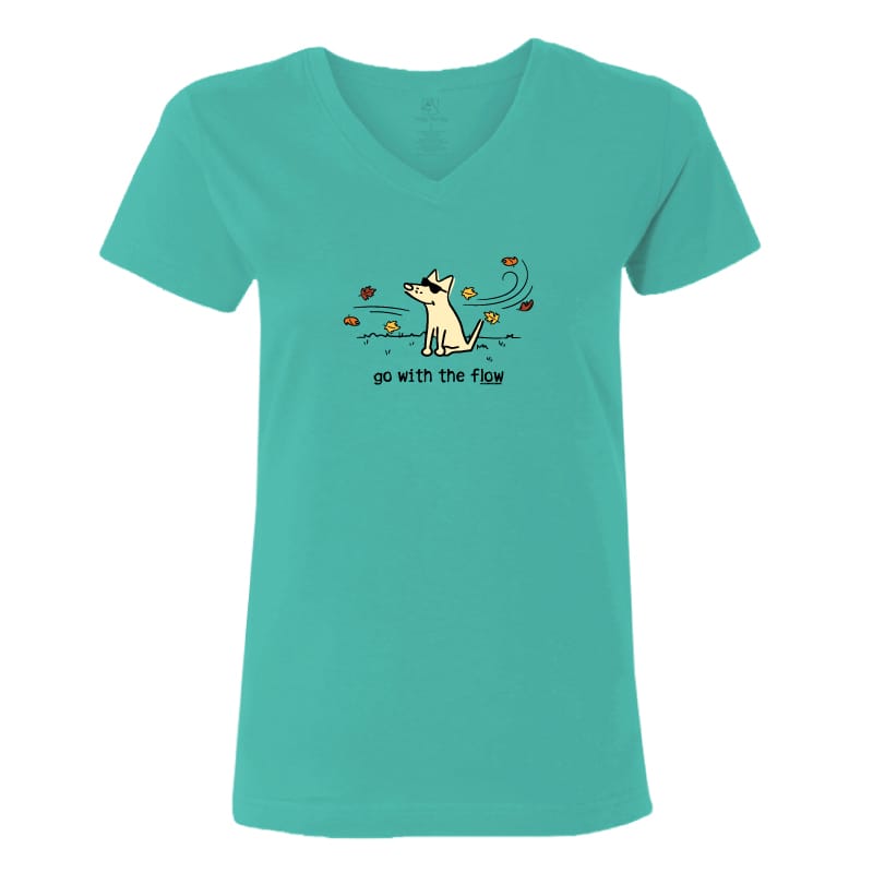 A women's short-sleeve V-neck t-shirt in a vibrant teal green color, featuring a cartoon graphic of a dog with the text 'go with the flow' printed on the chest.