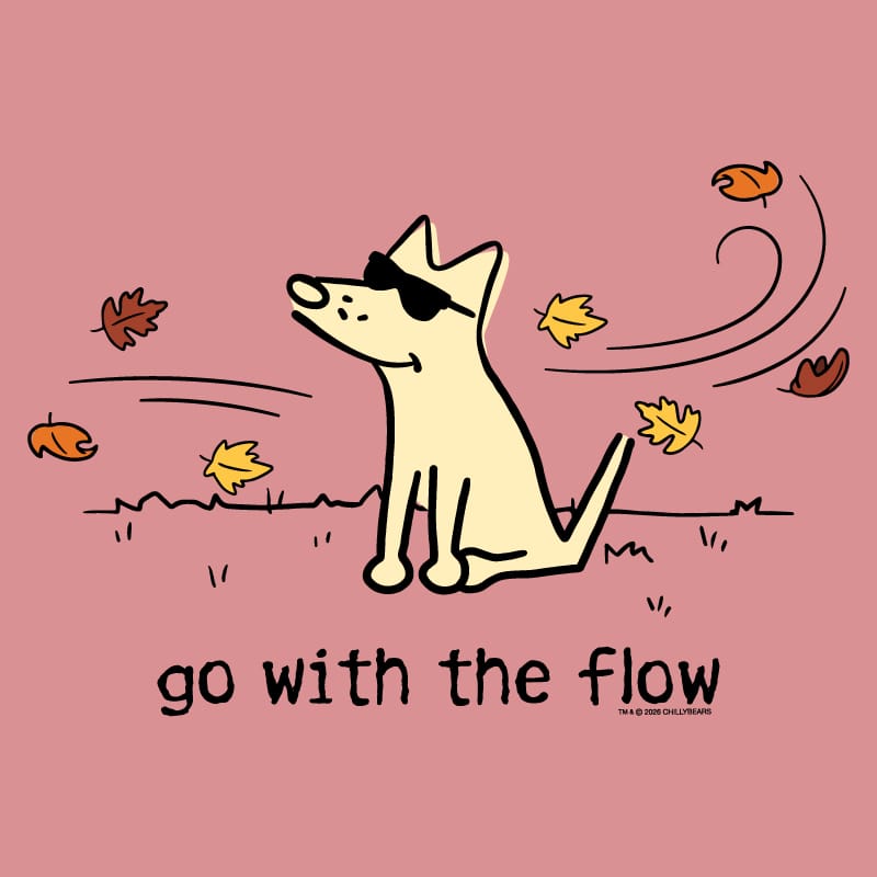 A pink square graphic with a cartoon dog wearing black sunglasses, surrounded by falling autumn leaves and the text 'go with the flow' below. Small text at the lower right reads 'TAK & DERE CHALLANJAN'.