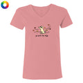 A pink V-neck t-shirt with a cartoon dog graphic and the text 'go with the flow' printed on the chest, displayed on a solid white background.