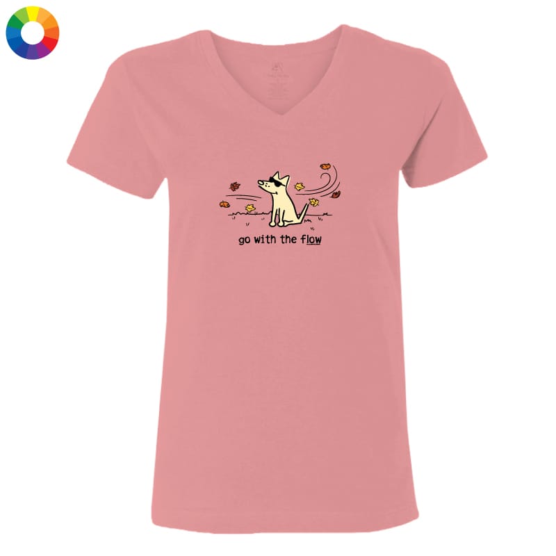A pink V-neck t-shirt with a cartoon dog graphic and the text 'go with the flow' printed on the chest, displayed on a solid white background.