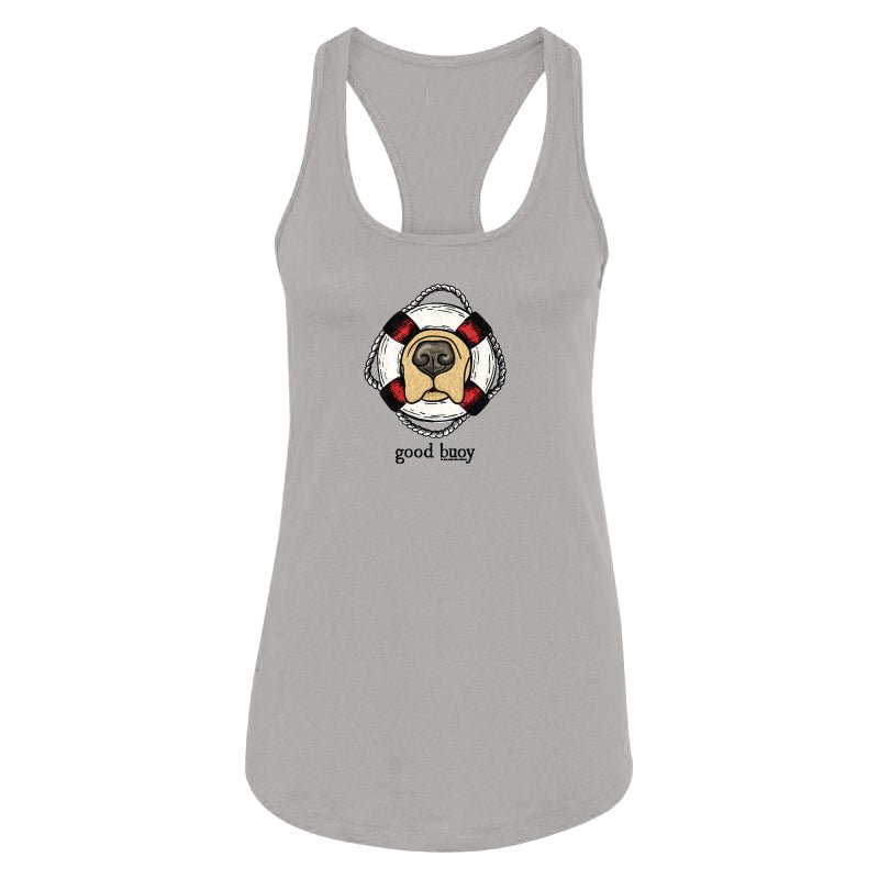 Gray tank top with a dog graphic and 'good boy' text on a white background