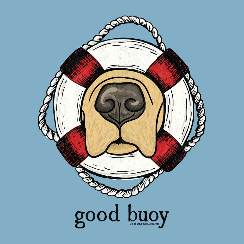 Illustration of a golden retriever's nose and muzzle framed by a red and white lifebuoy with the pun "good buoy" written underneath on a blue background.